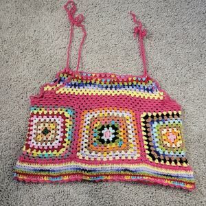 Handmade Crochet Granny Square Crop Top Retro 70s Woodstock Festival M